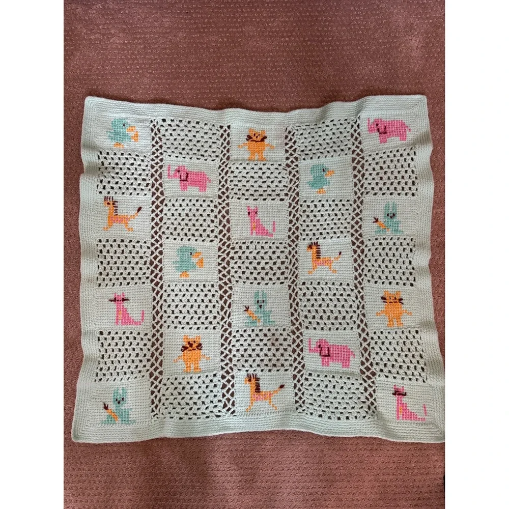 Vintage Handmade Crochet Baby Blanket Animal Cross Stitch Mint Green 34x31